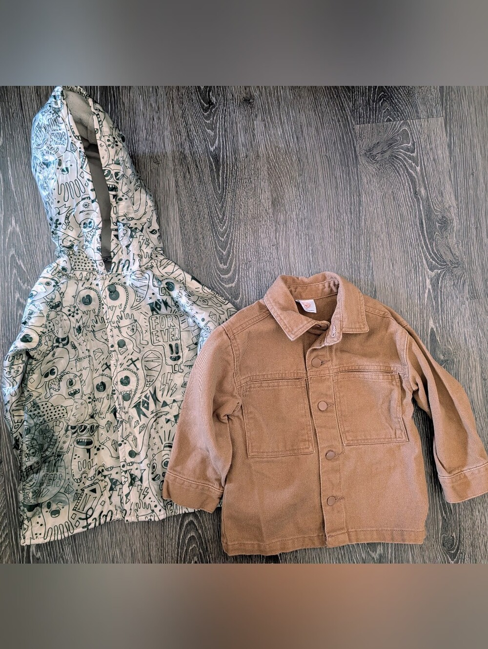 Super rad graphic rain coat and Brown chore coat BUNDLE!